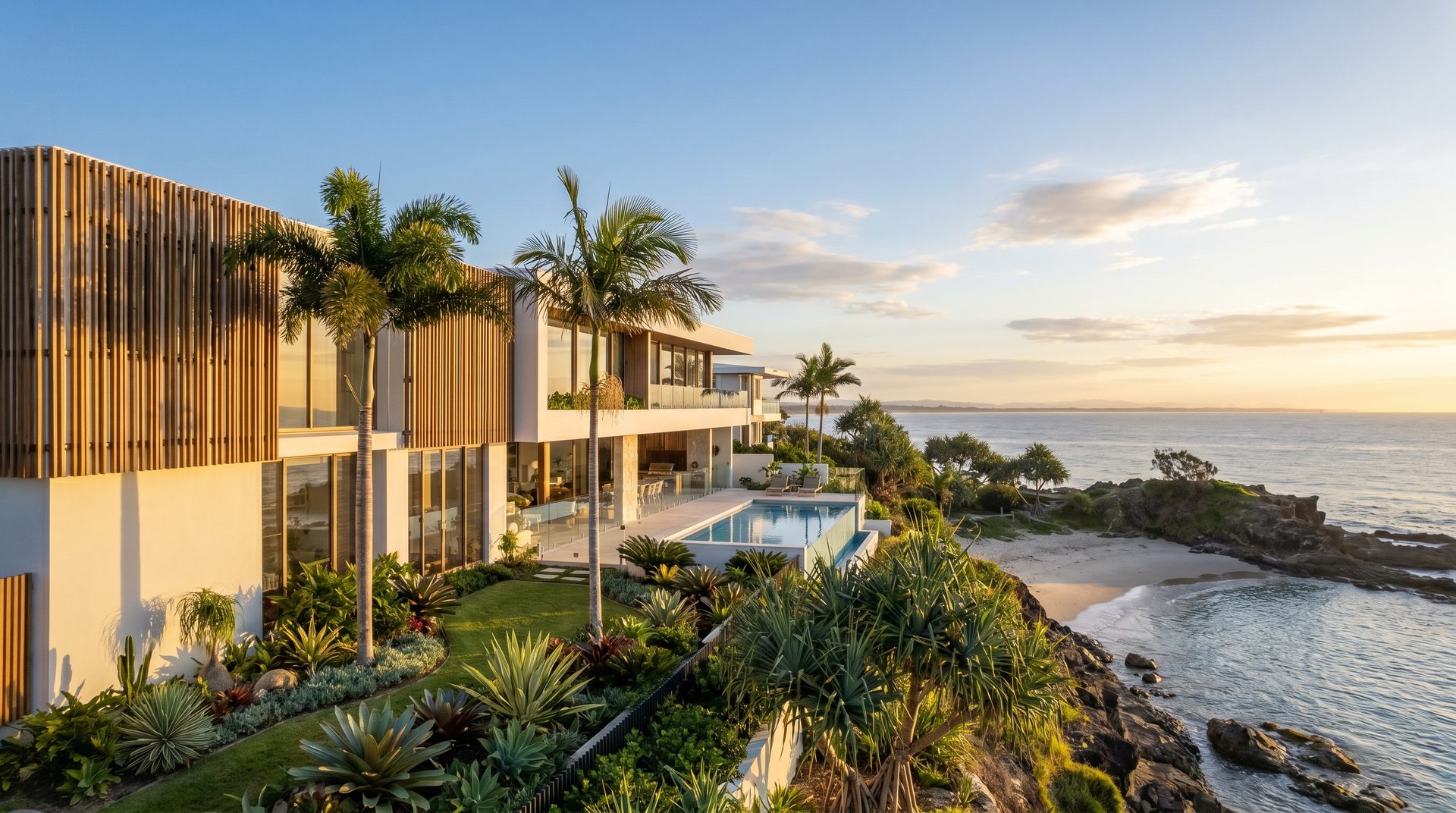 Luxury Gold Coast coastal property at golden hour
